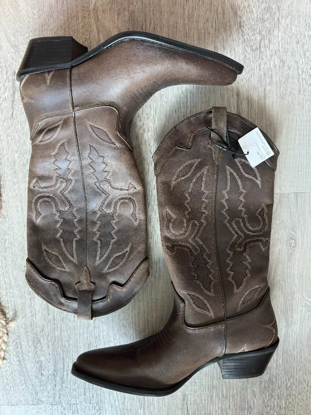 ZARA Tall Leather Cowboy Boots | Distressed Brown | Embroidered | NWT | Size